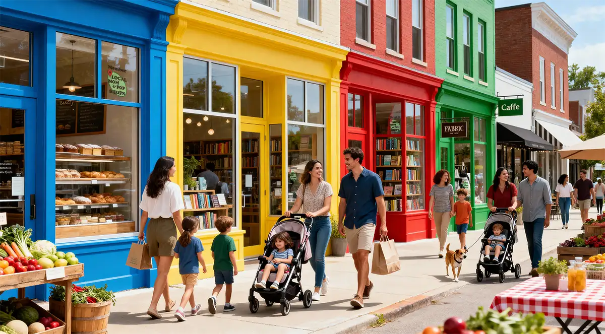 Colorful main street with local shops and families